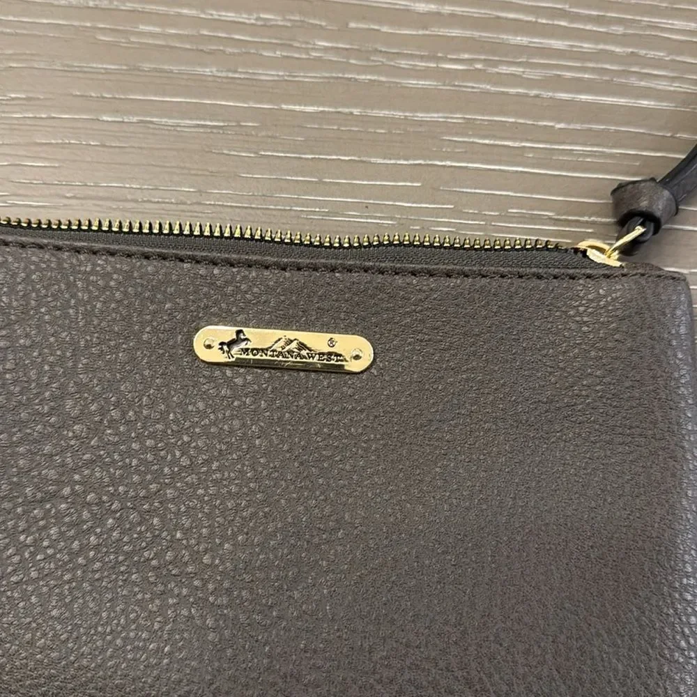 Montana West Clutch Wristlet Vegan Leather Olive Green/Brownish Top Zip EUC